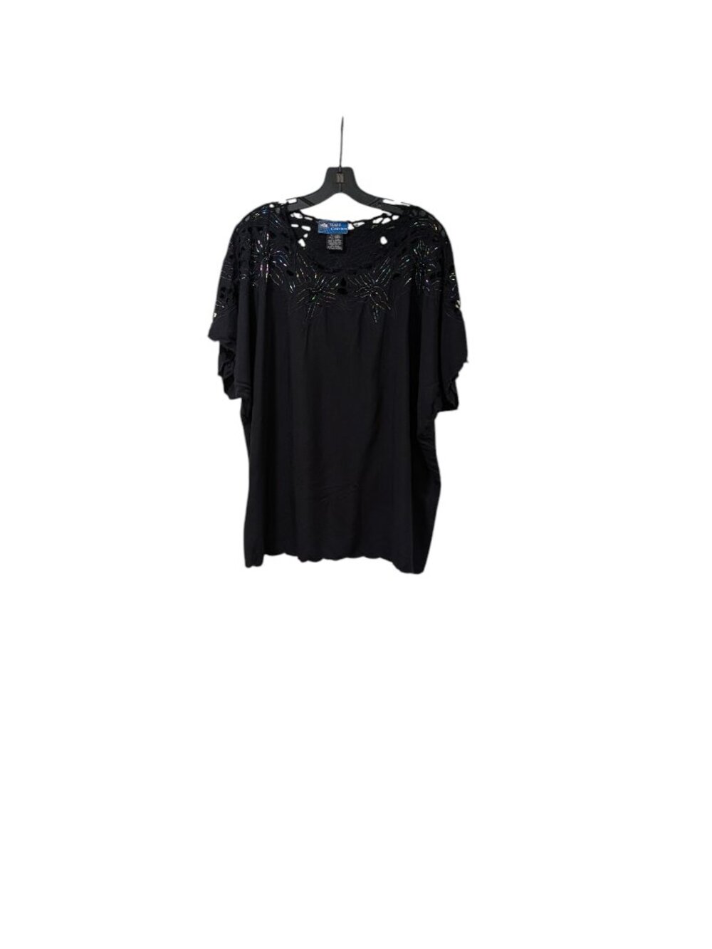 Bali Collection Vintage Black Oversized Embroidered Beaded Blouse Boho Resort OS